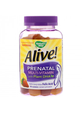 Nature's Way, Alive! Prenatal Multi-Vitamin with Plant DHA, Strawberry/Lemon Flavored, 90 Gummies