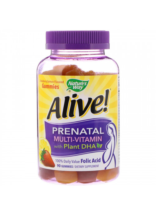 Nature's Way, Alive! Prenatal Multi-Vitamin with Plant DHA, Strawberry/Lemon Flavored, 90 Gummies