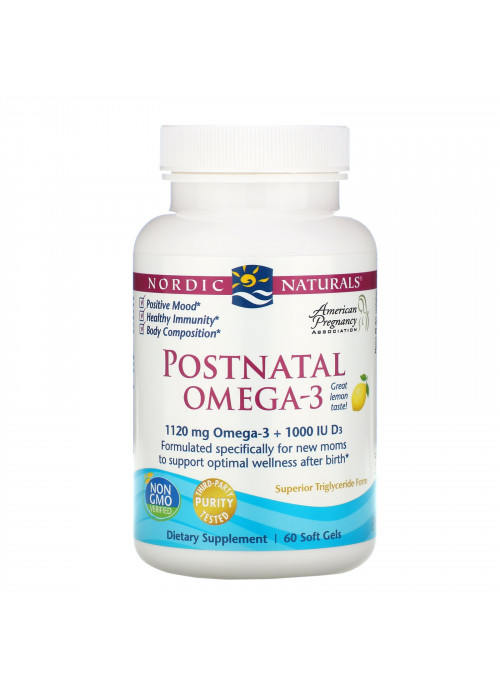 Nordic Naturals, Postnatal Omega-3, Lemon, 1,120 mg, 60 Soft Gels