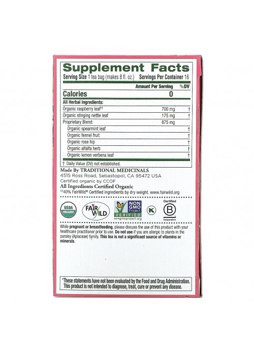 Traditional Medicinals, Organic Pregnancy Tea, Raspberry Leaf, Caffeine Free, 16 Wrapped Tea Bags, .99 oz (28 g)